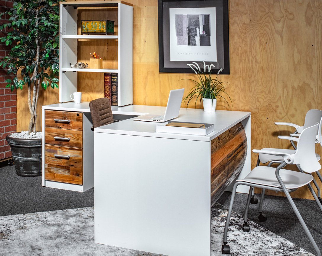 Desks - L Shape Barrel Front Desk - Reclaimed Wood