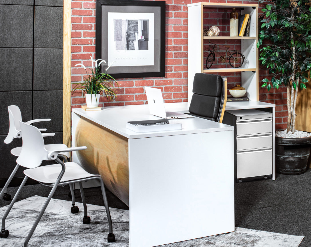 White L shape desk- sleek rounded wood barrel front with storage options