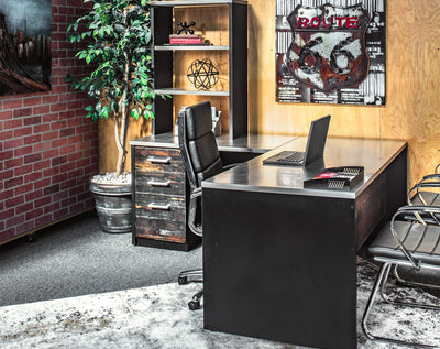 L Shape Stainless Steel Desk, Hutch, file and Reclaimed Wood Modesty