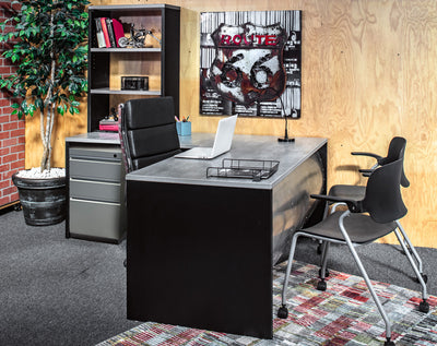L Shape Barrel Front Desk with hutch and mobile file ped - Stainless Steel