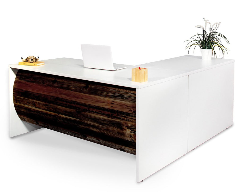 Desks - L Shape Barrel Front Desk With Hutch And File - Reclaimed Wood