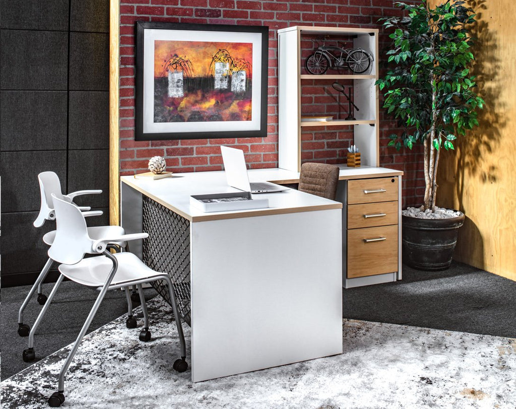 Desks - L Shape Desk With Hutch And File Storage- White Shell And Wood Trim