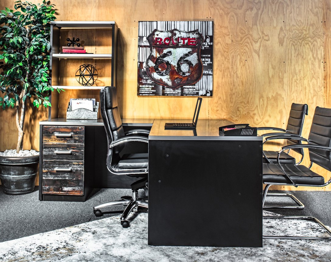 Desks - L Shape Stainless Steel Desk, Hutch With File And Reclaimed Wood Modesty