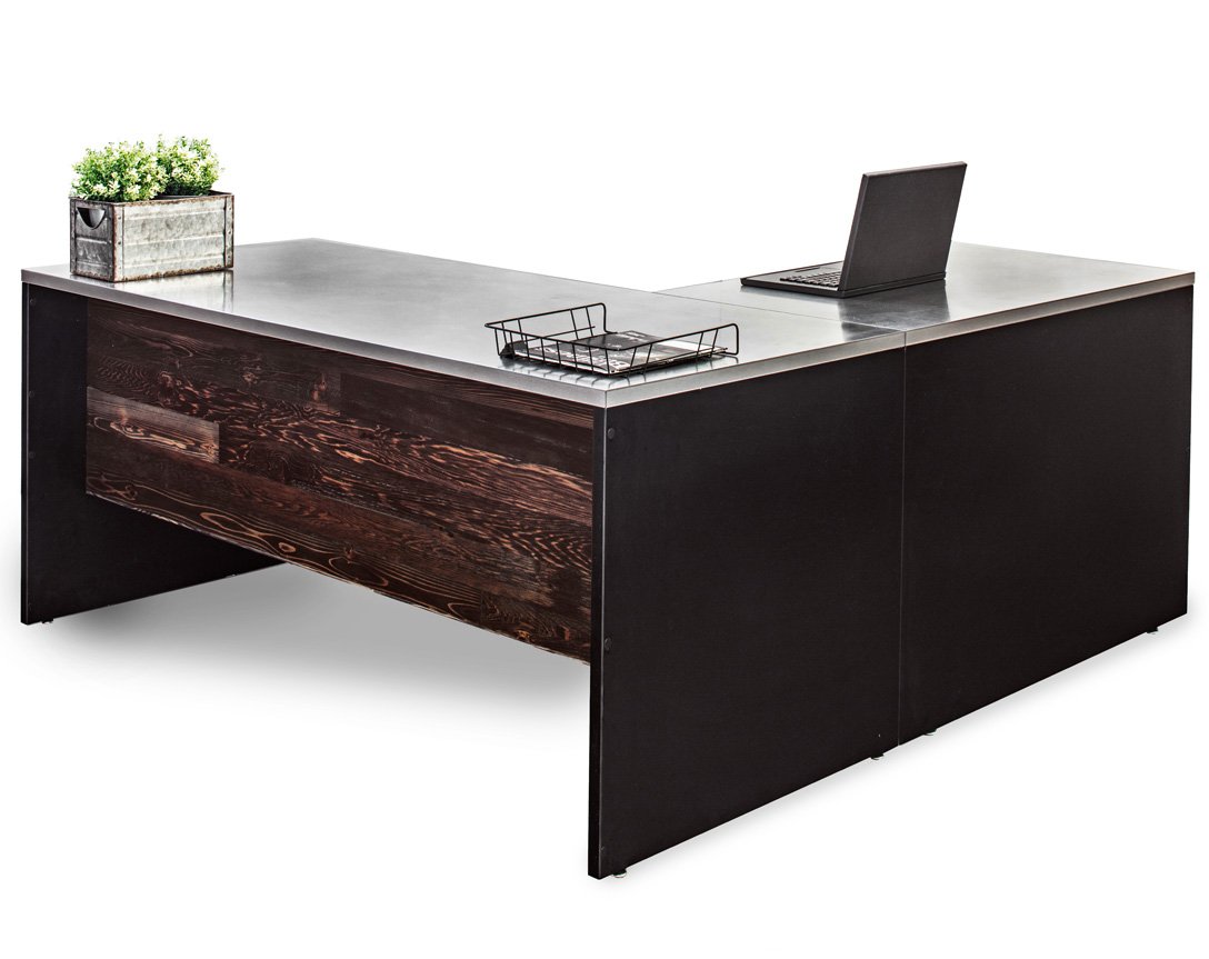 Desks - L Shape Stainless Steel Desk, Hutch With File And Reclaimed Wood Modesty