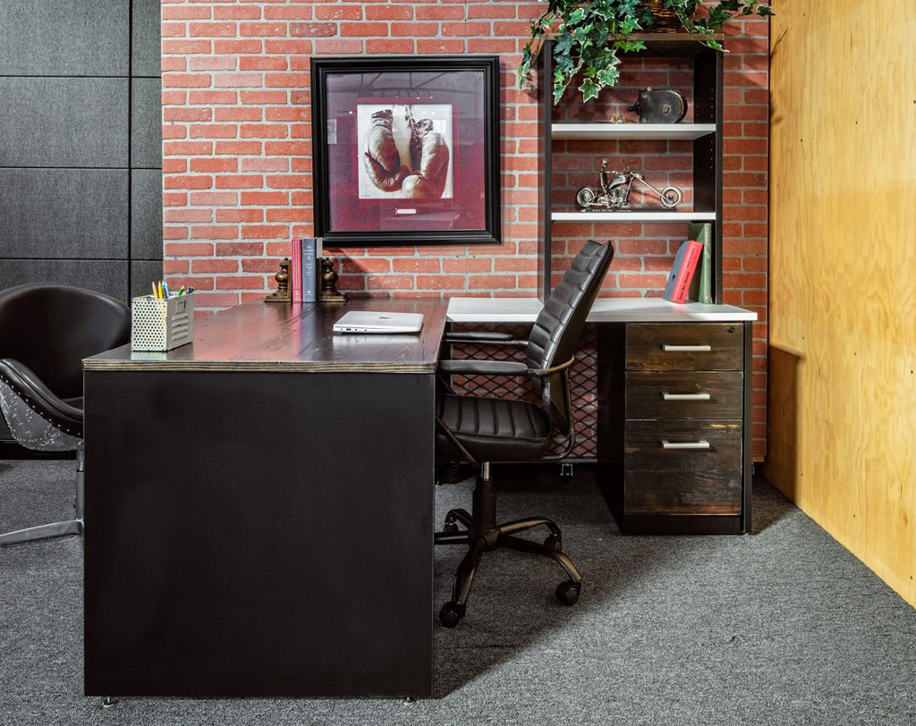 Desks - Sleek Reclaimed Wood L Shape Desk With Hutch And File Storage
